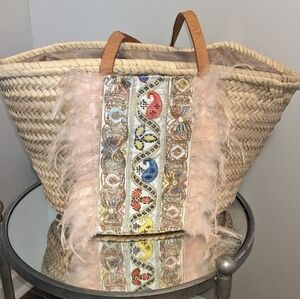 Boho straw and feather beach bag